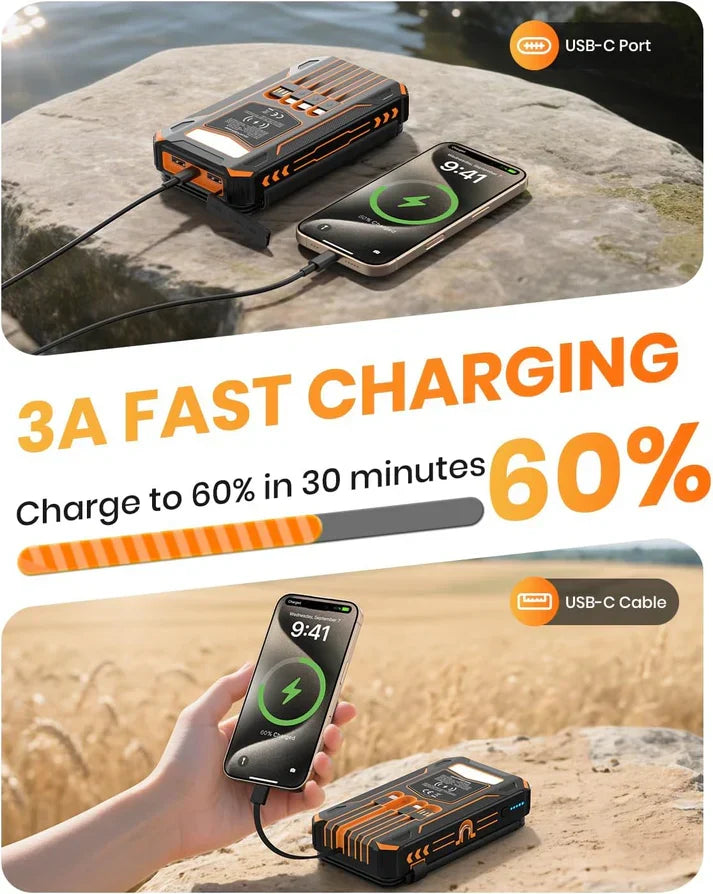 Portable Solar Power Bank Fast Charger, Foldable, Wireless with LED Light & Built-in Cables