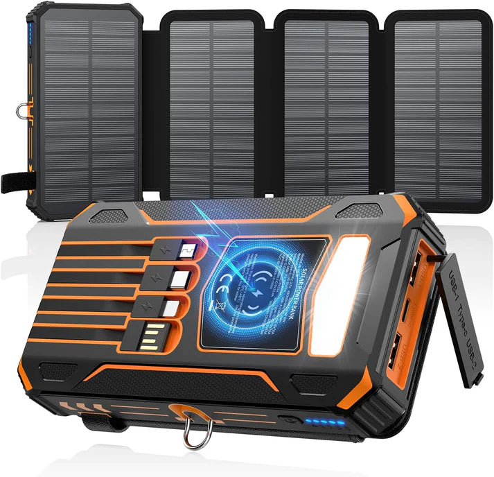 Portable Solar Power Bank Fast Charger, Foldable, Wireless with LED Light & Built-in Cables