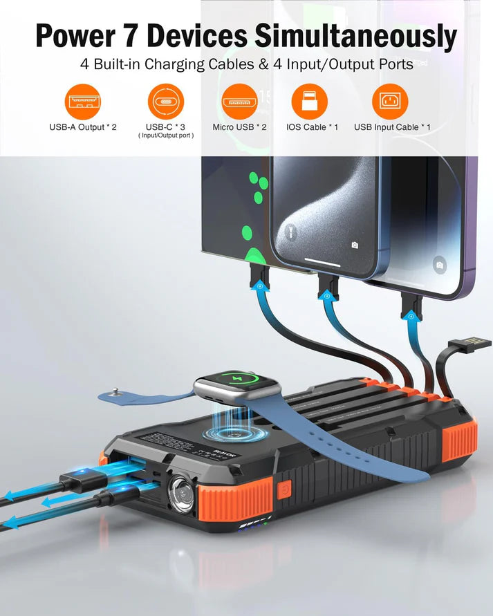Portable Solar Power Bank Fast Charger, Foldable, Wireless with LED Light & Built-in Cables