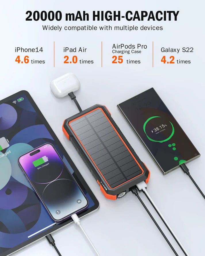 Portable Solar Power Bank Fast Charger, Foldable, Wireless with LED Light & Built-in Cables