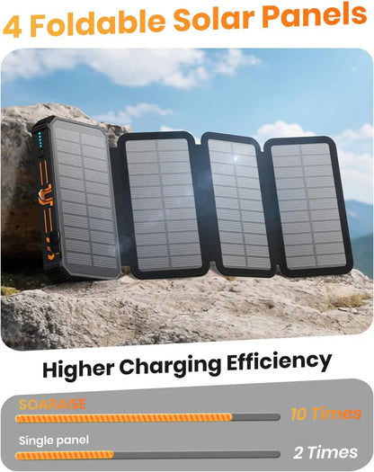 Portable Solar Power Bank Fast Charger, Foldable, Wireless with LED Light & Built-in Cables