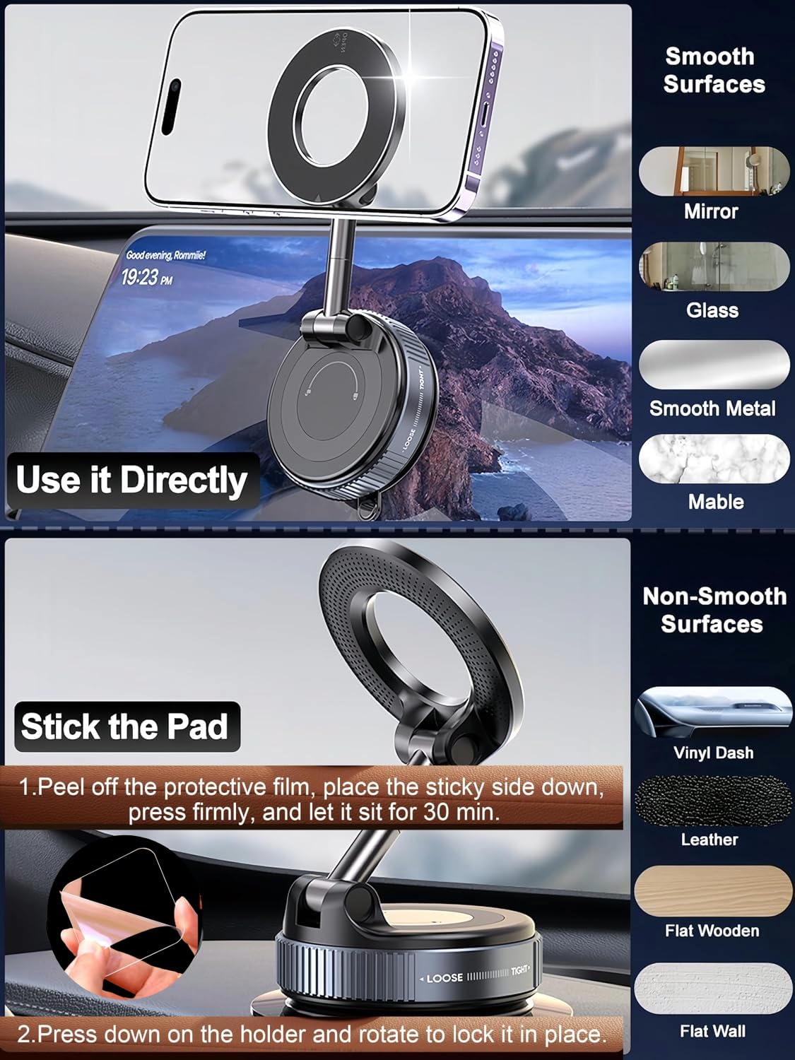 360° Vacuum Magnetic Phone Holder | Compact Magnetic Stand for Car, Desk, Kitchen, Mirror & More | Hands-Free Suction Cup Mount for All Smartphones (Universal Fit)