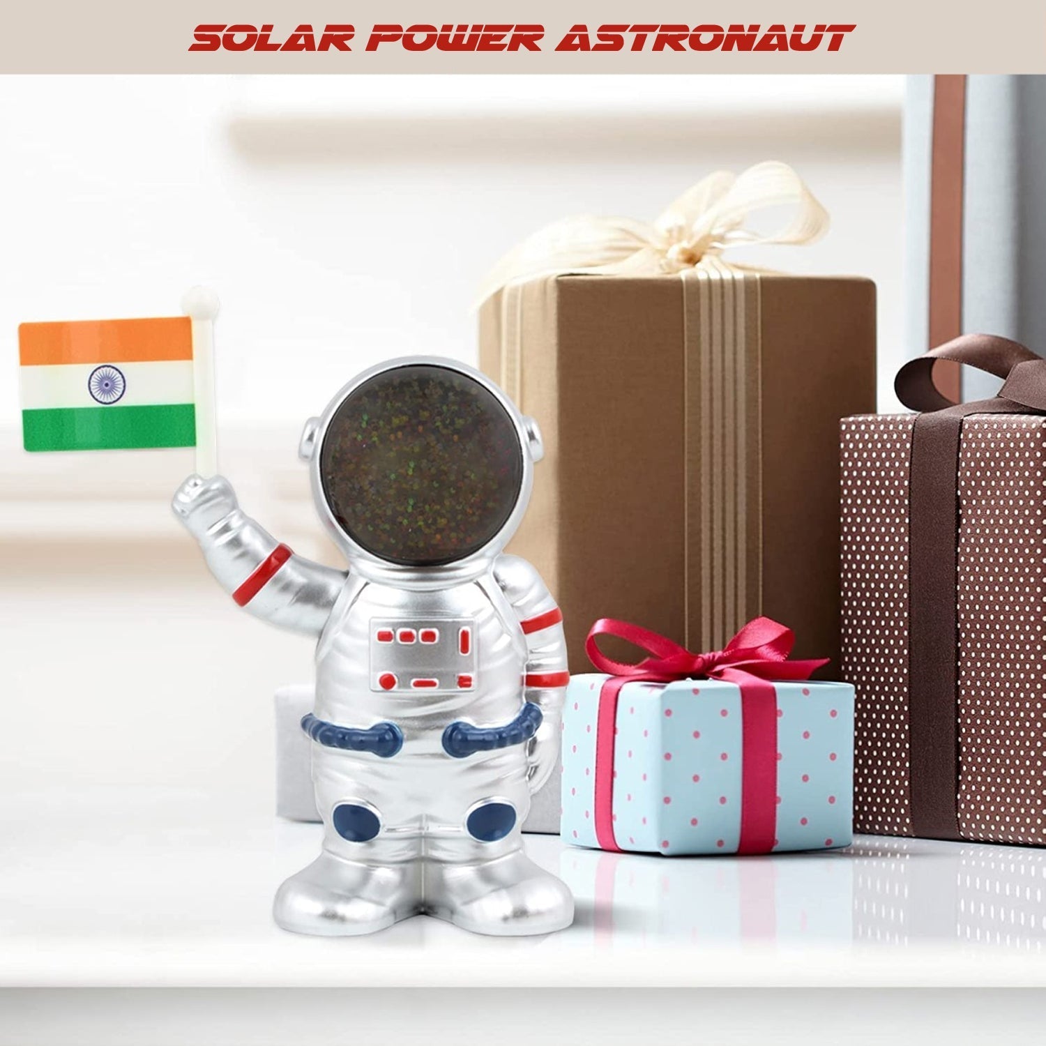 Solar Power Astronaut Ornament with Indian Flag – Moving Hand (1 Pc)